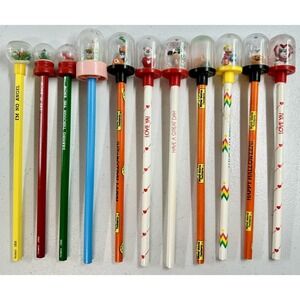 11 Vintage Wood Pencils w/Toppers Unused Water Game Twirlems Snow Globes Taiwan